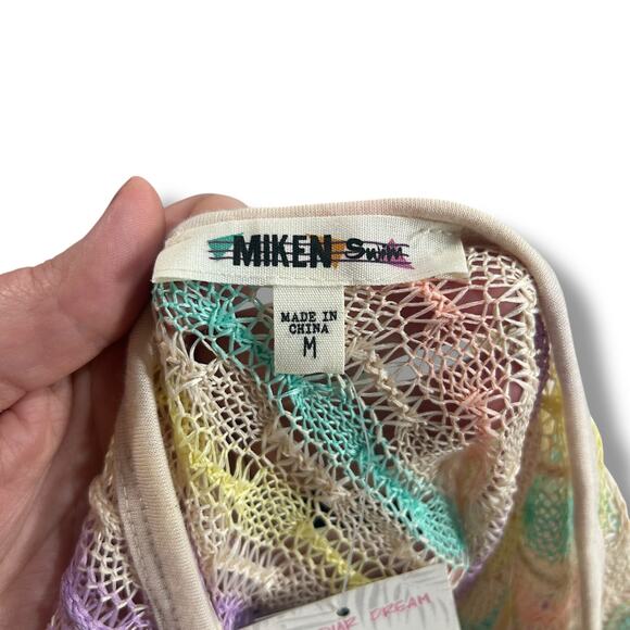 NEW Miken Swim Pastel Sheer Swim Cover Up Dress Medium Stripe Open Knit Boho - Picture 6 of 7